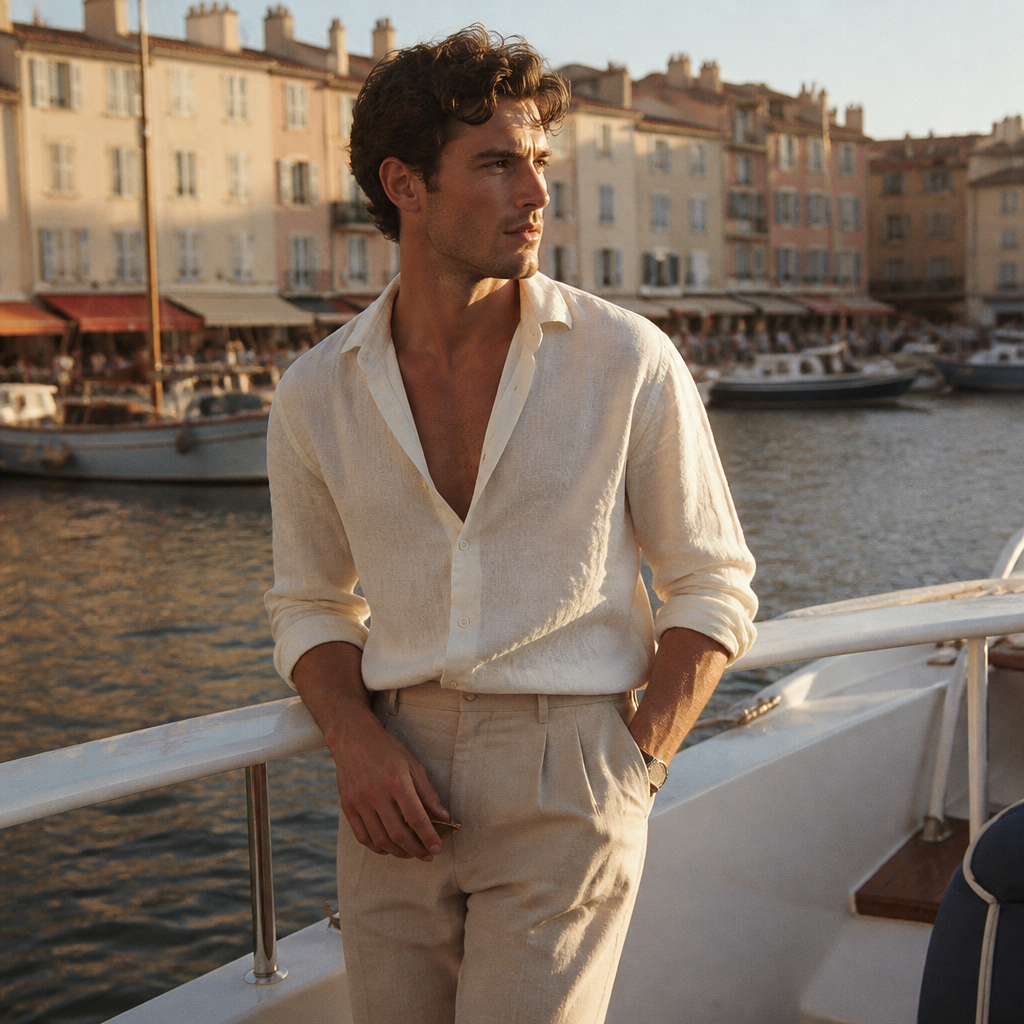 Saint Véloir patron in cream linen shirt aboard a yacht in Saint-Tropez harbor