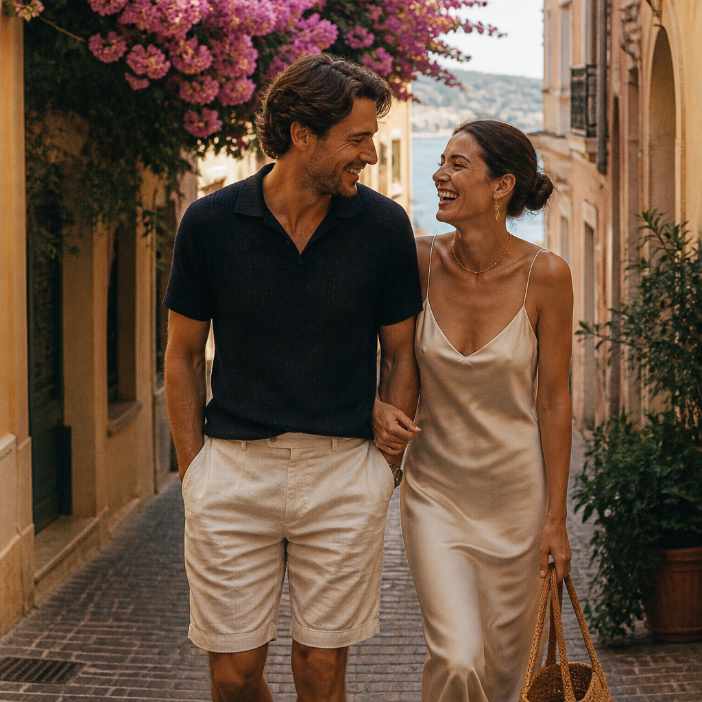 Couple in Saint Véloir walking through a sunlit Monaco alley