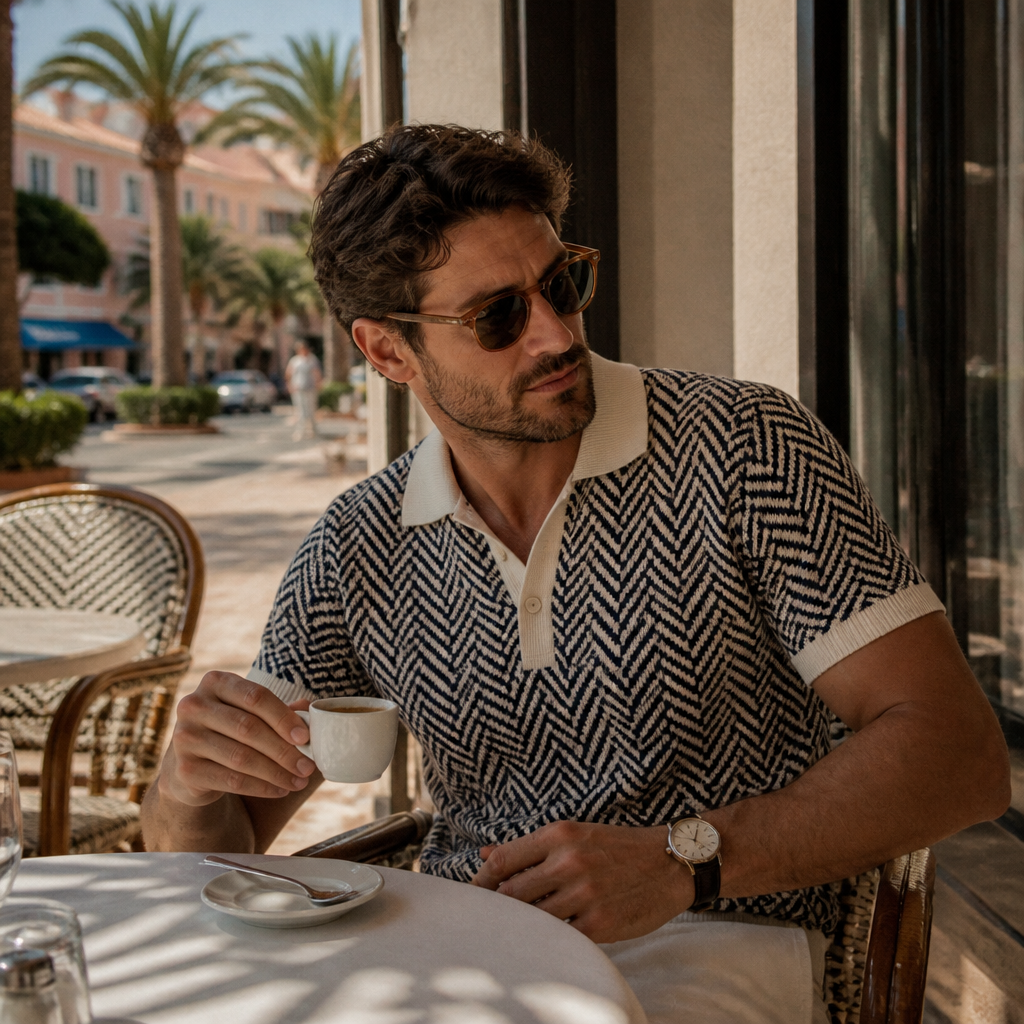 Saint Véloir patron in chevron knit polo at a Côte d'Azur café