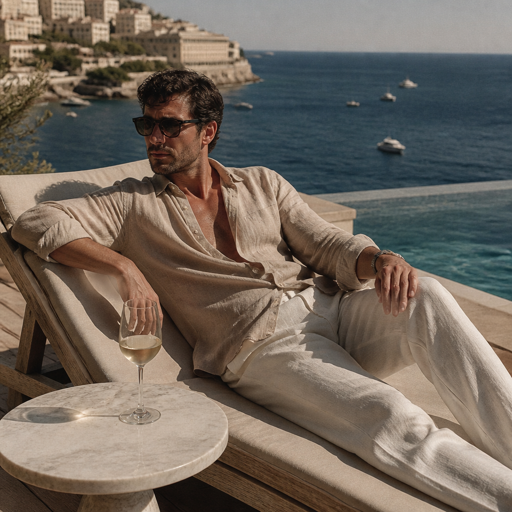 Saint Véloir patron lounging by a Monaco infinity pool