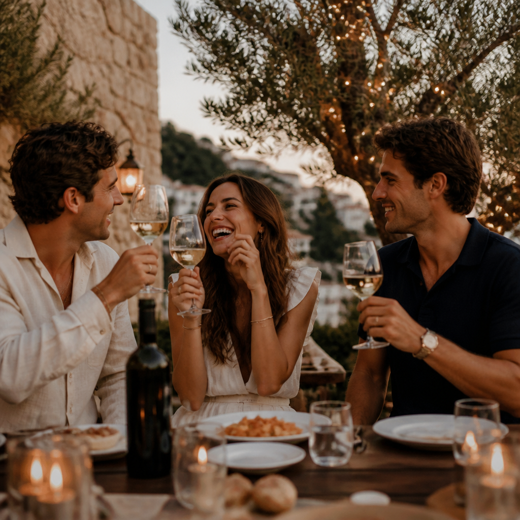 Friends in Saint Véloir gathered at a Riviera trattoria at golden hour
